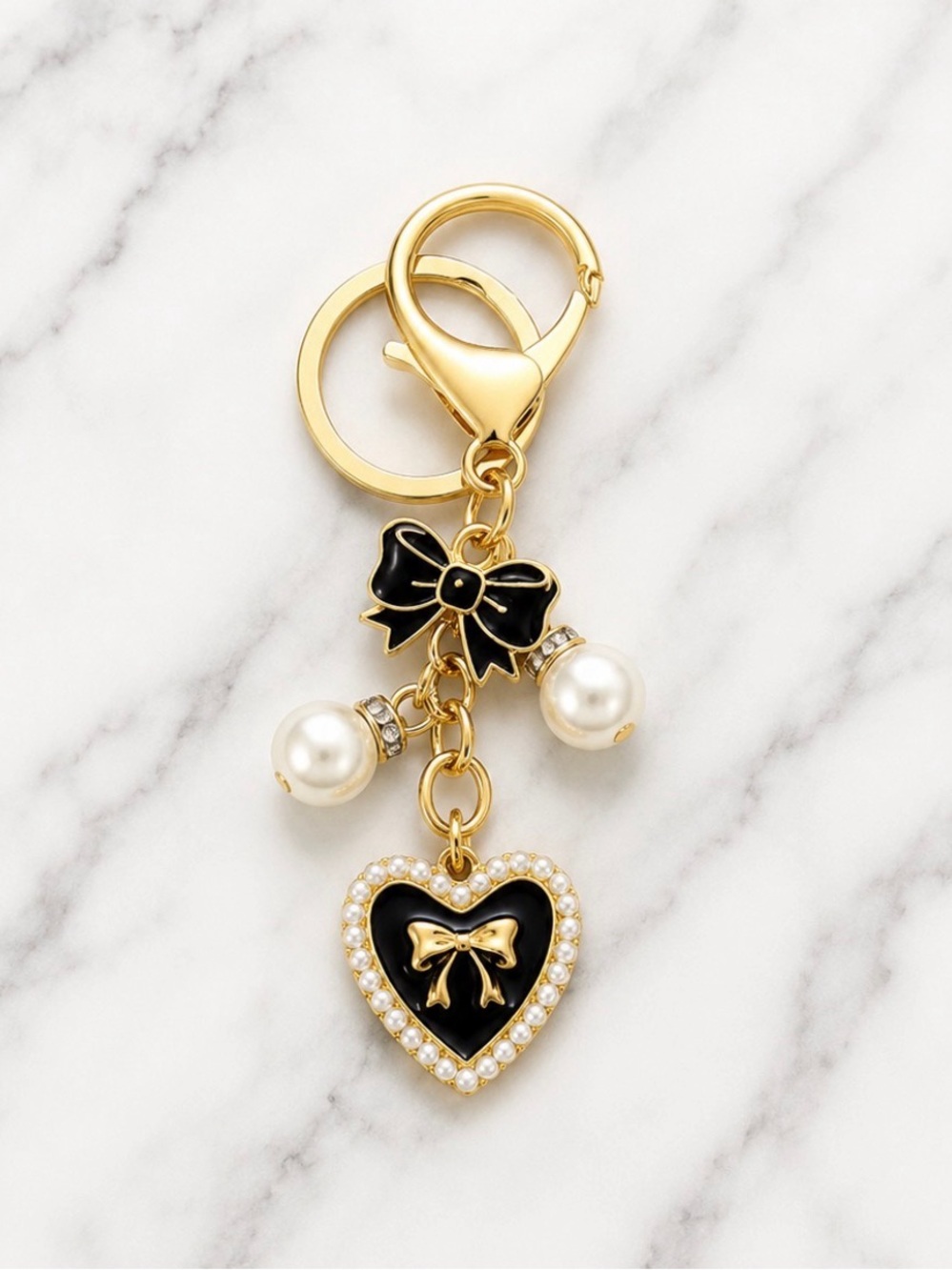 Bag Charm/Keyring- Black Enamel Heart & Bow with Faux Pearls-Gold Hardware